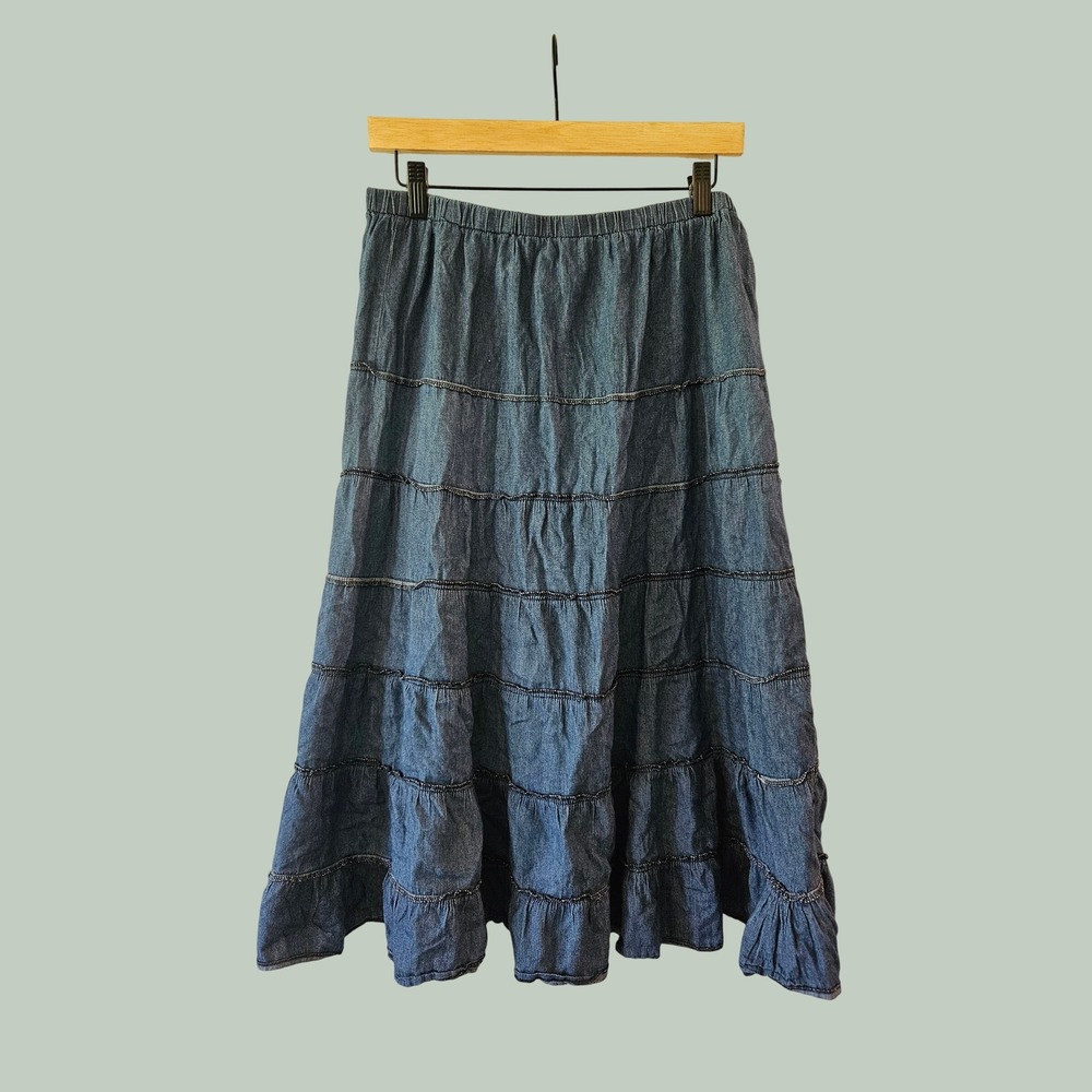 Metrowear Blue Denim Tiered Midi Skirt Womens Medium Elastic Waist Cotton Boho